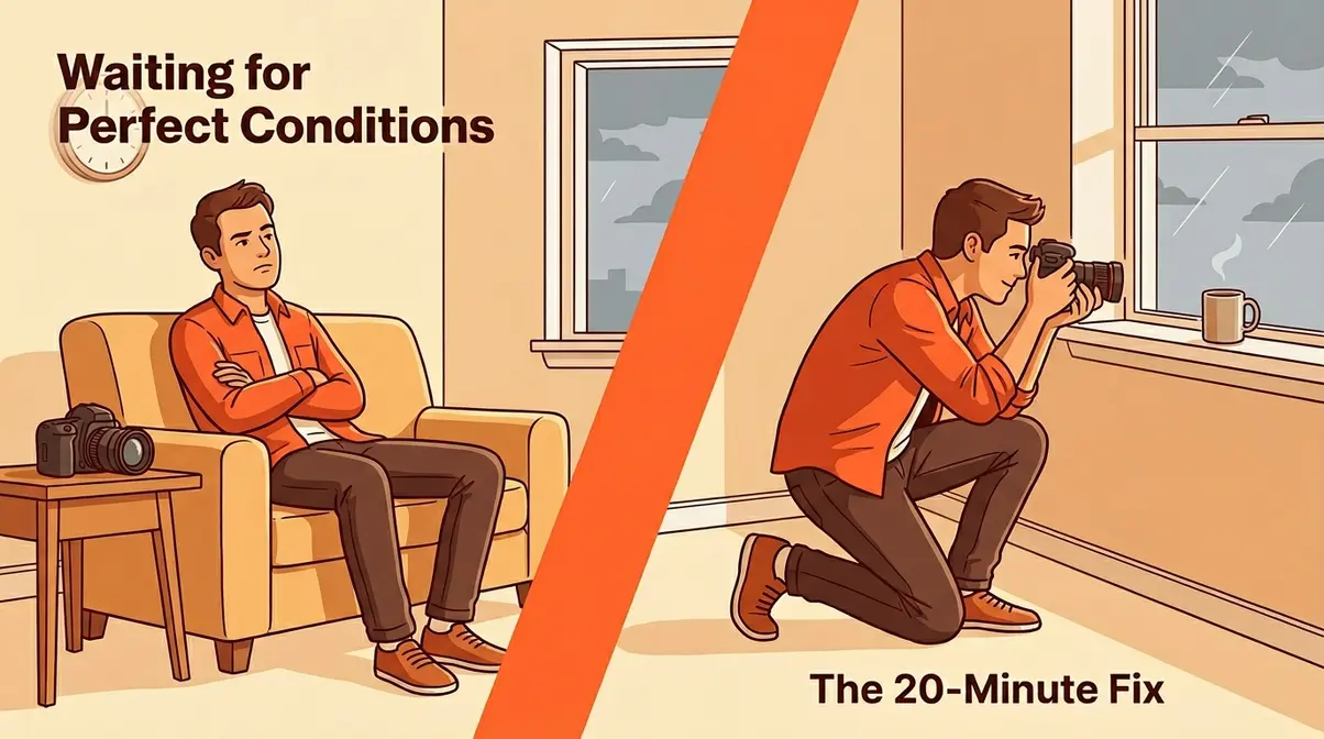 Illustration contrasting photographer waiting for perfect conditions versus actively shooting creative photography at home