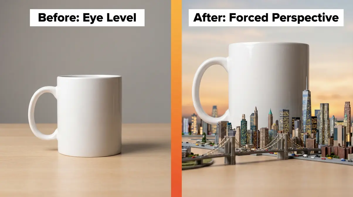 Before and after comparison showing coffee cup at eye level versus forced perspective giant illusion