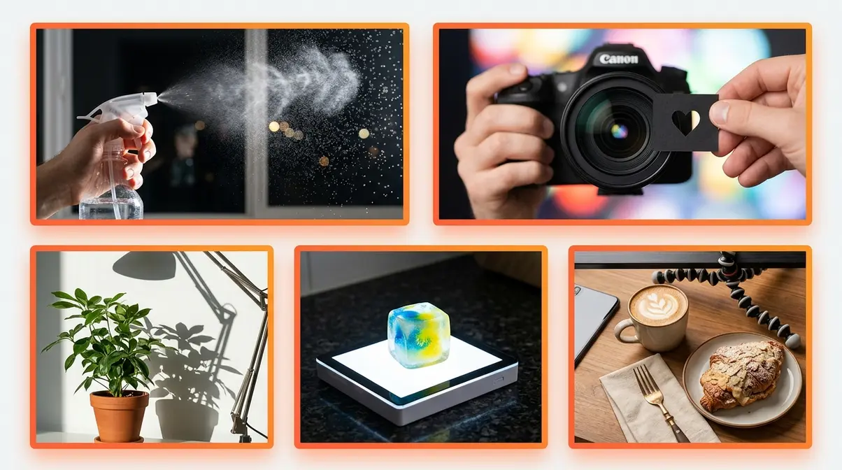 Collage of five creative photography ideas you can try at home using everyday household objects