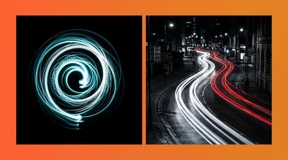 Long exposure photography examples showing light painting spiral and car light trails at night