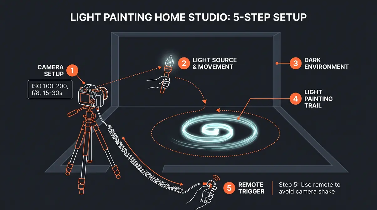 Diagram showing dark room light painting setup with camera position, torch path, and ISO settings