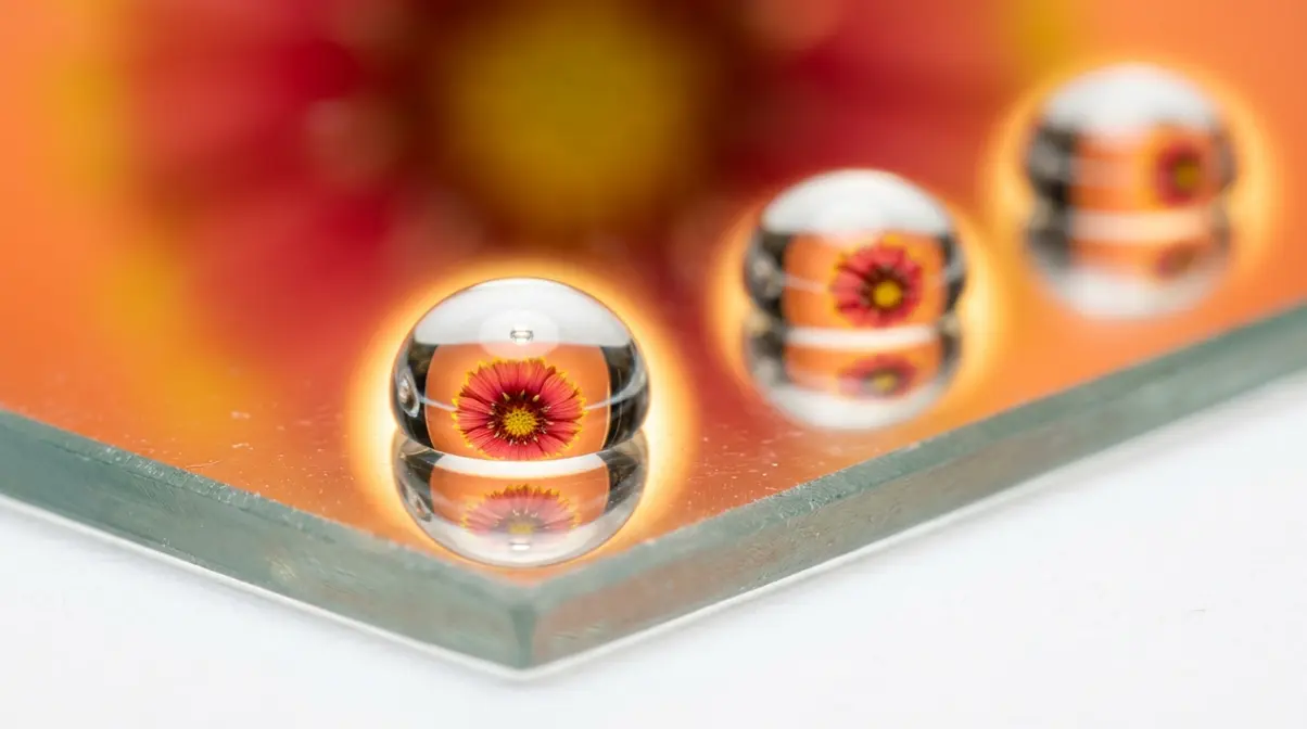 Macro photography example showing water droplets refracting a flower image on a glass surface at home