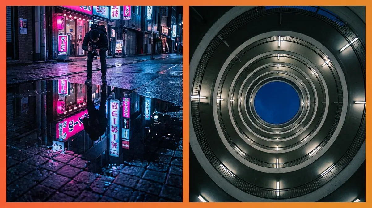 Night urban creative photography showing neon reflection puddle and spiral architecture geometry abstract