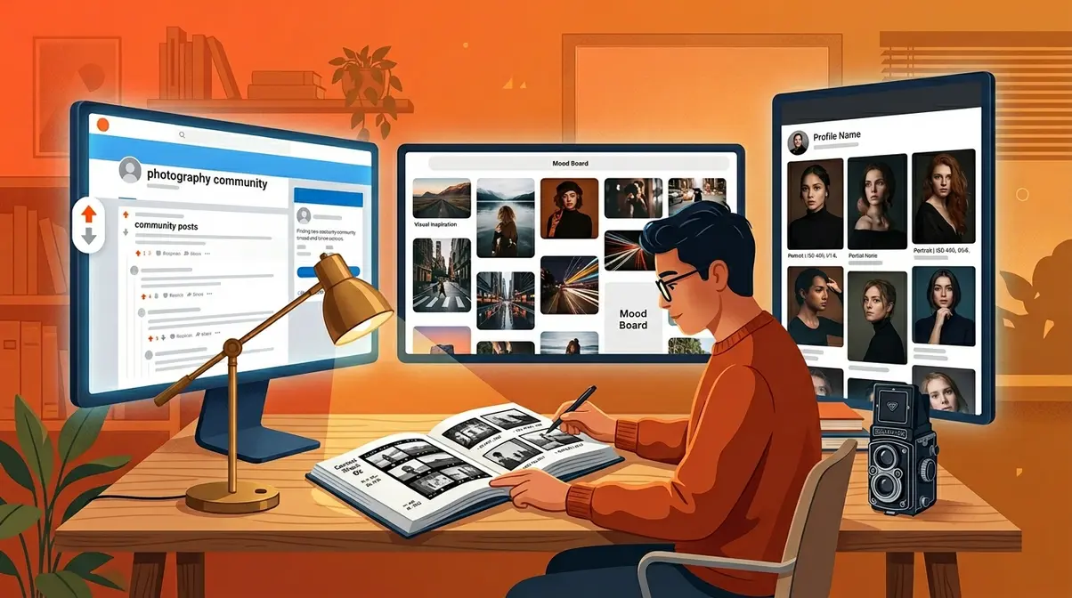 Photographer at desk finding creative photography inspiration from online communities and photography books