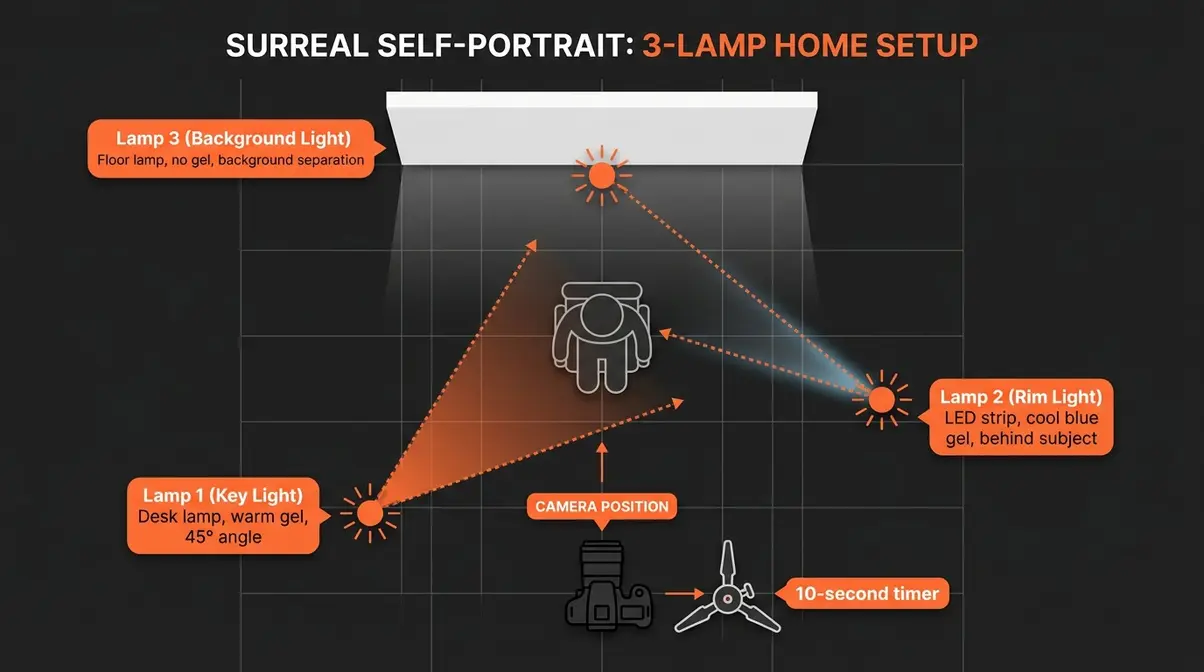 Lighting diagram showing three household lamp positions for a dramatic surreal self-portrait setup