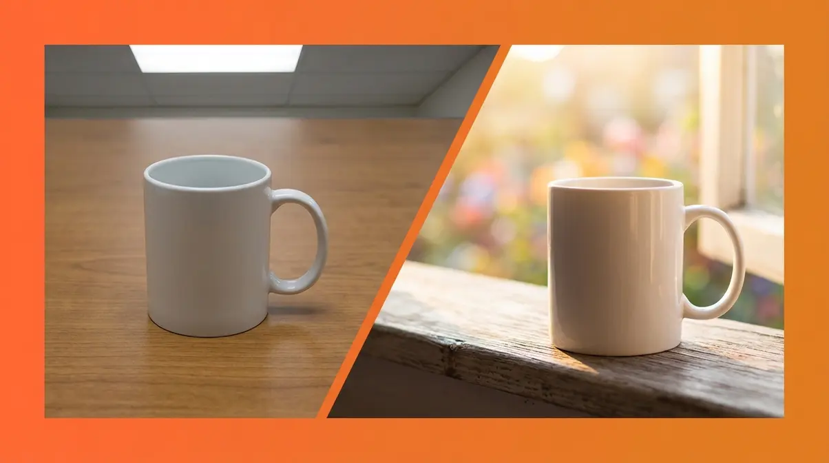Same coffee mug photographed two ways showing ordinary versus creative photography perspective shift