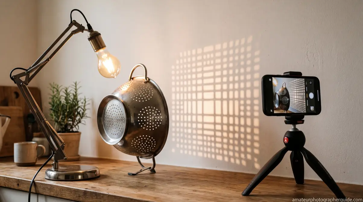 Kitchen colander casting a dramatic shadow pattern for an easy photography idea