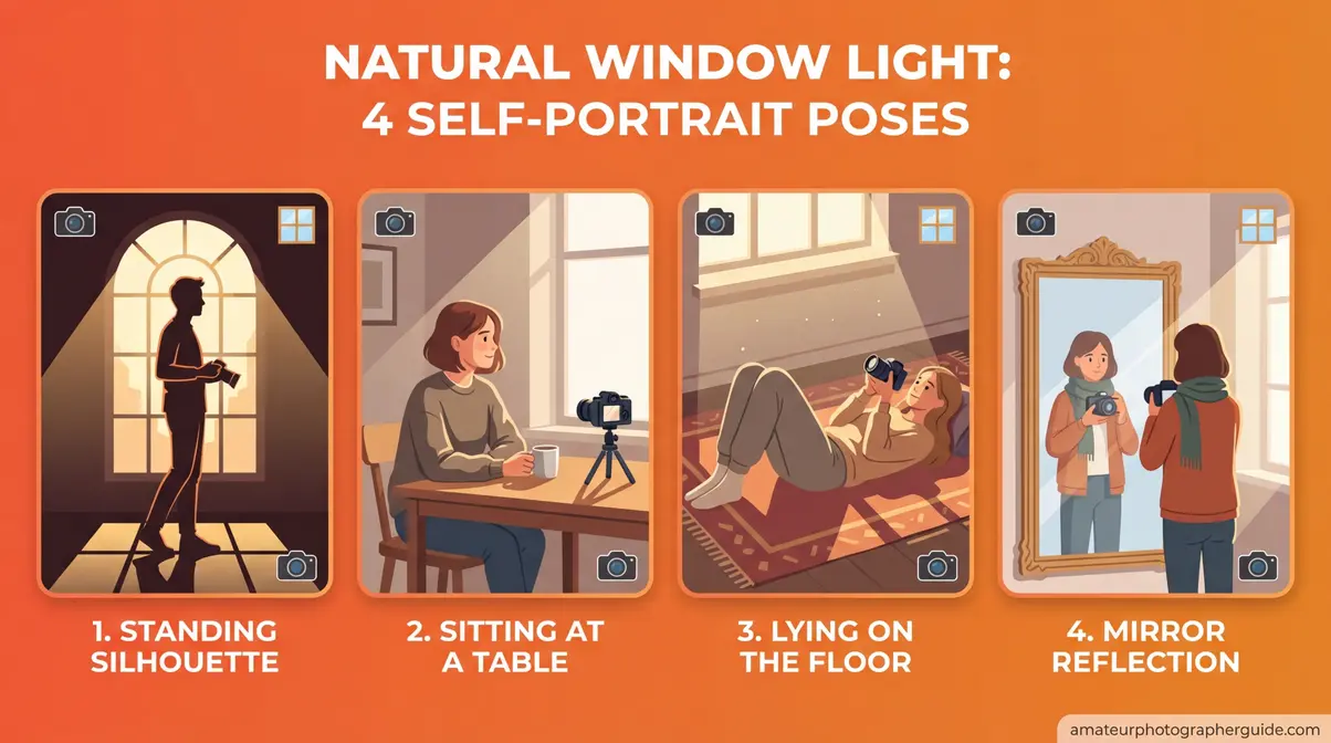 Visual guide showing four self-portrait poses using window light and simple props for indoor photography at home