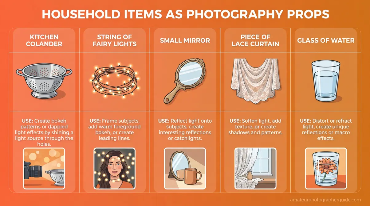 Infographic showing colander, fairy lights, mirror, lace curtain, and water glass as creative photography props for home photography projects