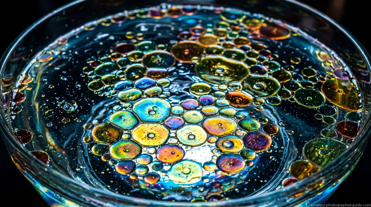 Macro abstract photography of oil and water droplets backlit from below