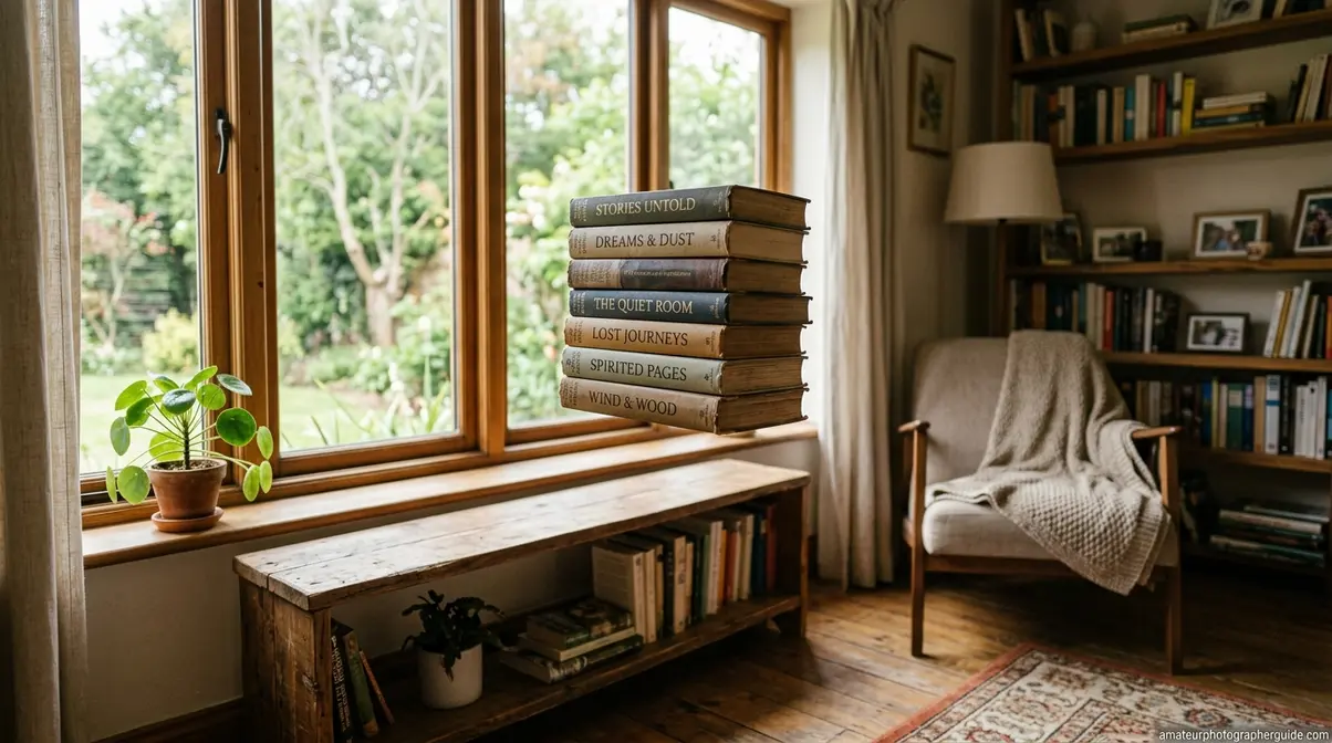 Conceptual levitation photography showing books floating in mid-air