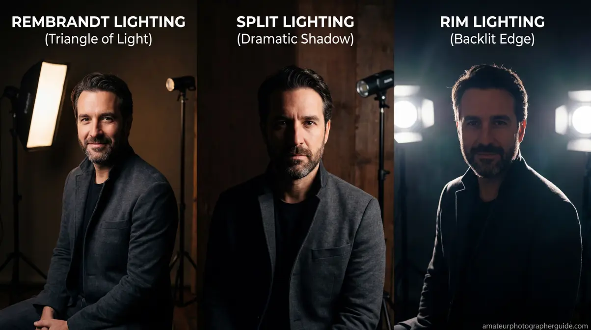 Three portrait lighting setups showing Rembrandt, split, and rim lighting