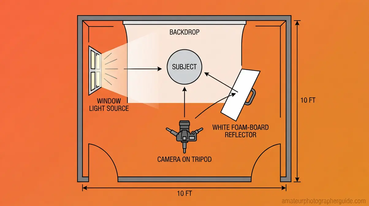 Overhead diagram showing camera position, subject placement, window light source, and DIY foam-board reflector for creative photography ideas at home
