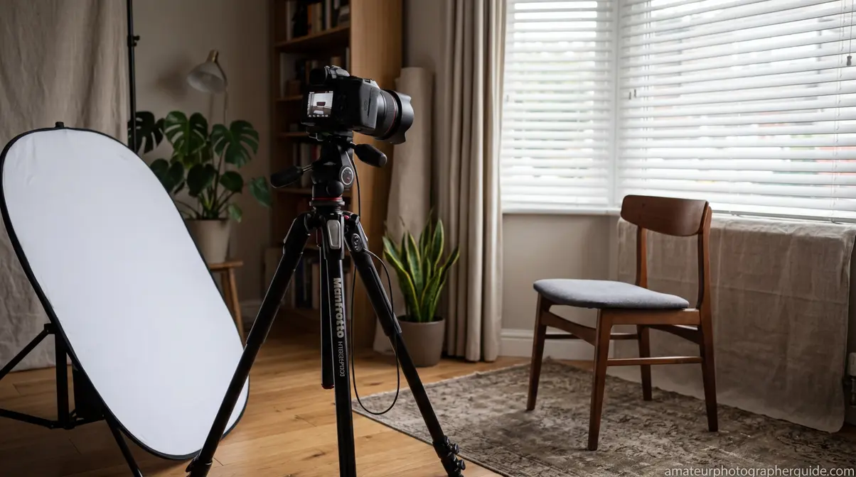 Camera on a tripod facing a chair by a window for a solo photoshoot