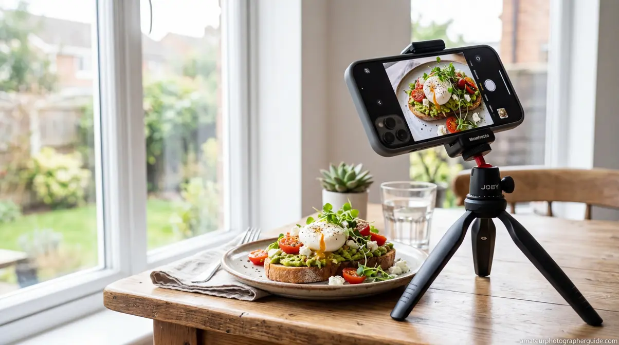 Smartphone on a tripod capturing a photo of food near a window