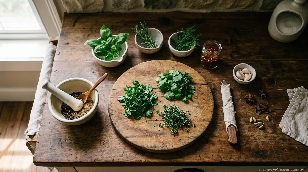 Food photography flat lay setup with fresh herbs and spices