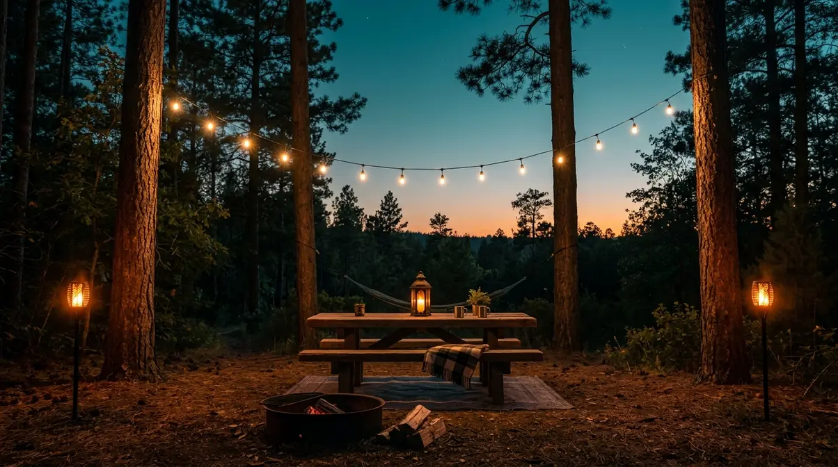 Campsite ambiance lighting with Edison string lights decorative lantern and solar flame torches