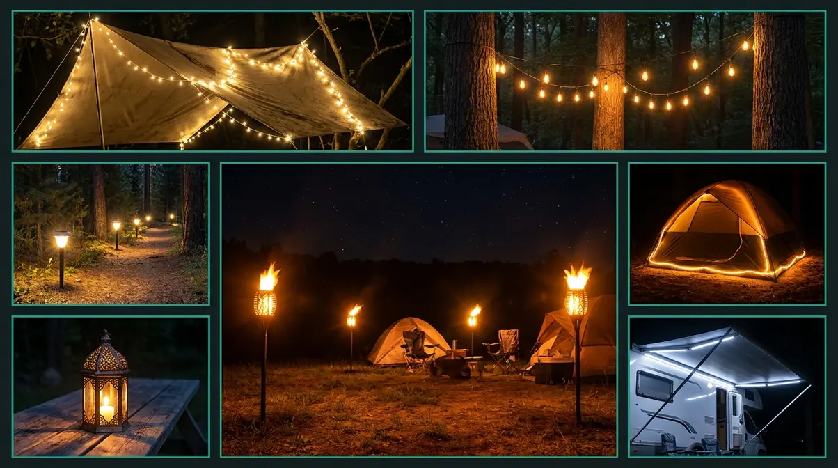 Campsite lighting ideas ambiance collage showing seven creative setups from fairy lights to solar torches