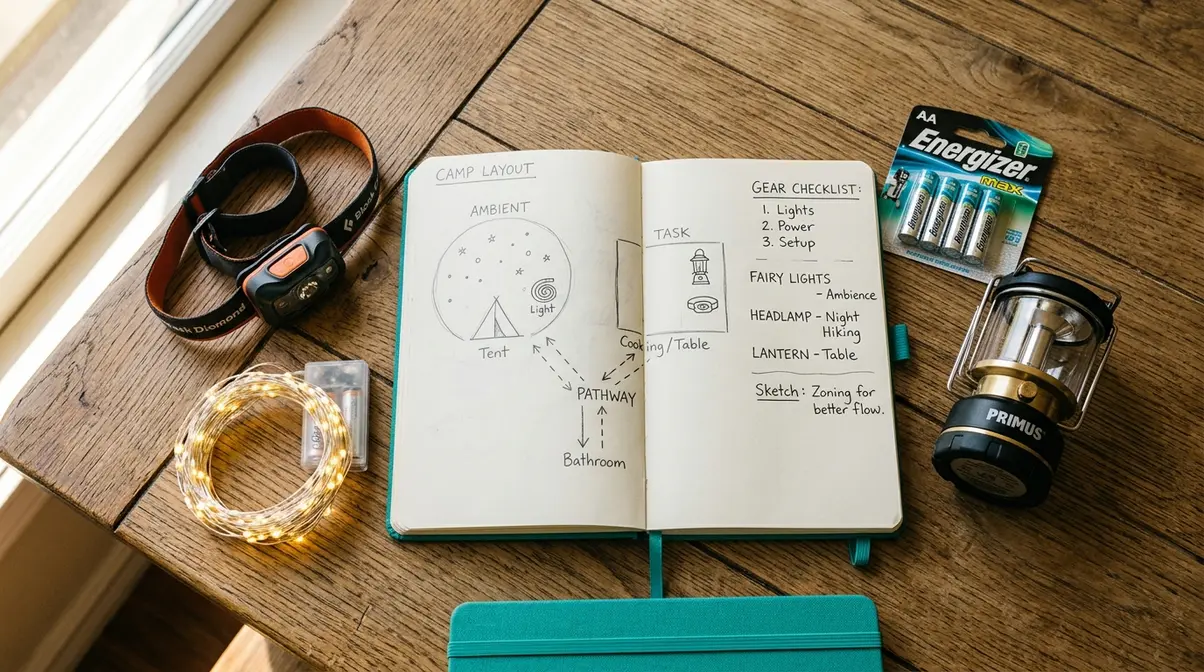 Campsite lighting planning flat-lay with notebook zone sketch headlamp and string lights