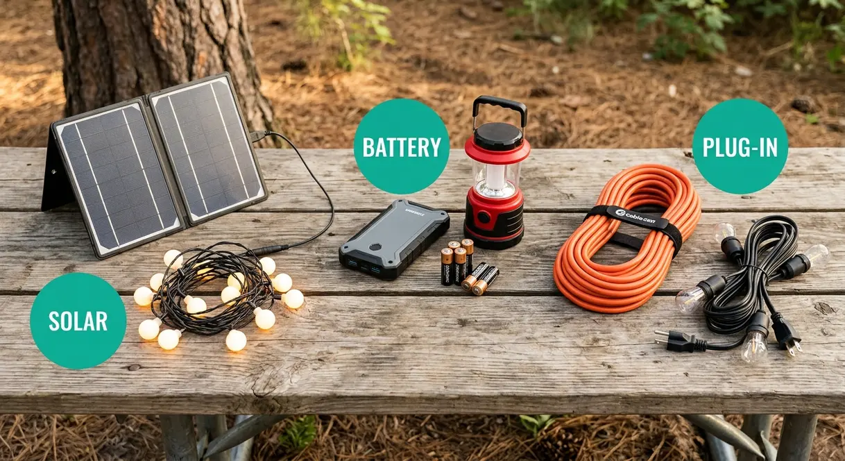 Campsite lighting power sources showing solar panel battery pack and plug-in extension cord options