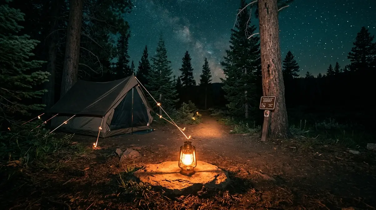 Campsite lighting safety showing candle lantern distance from tent reflective guy line clips and dark sky