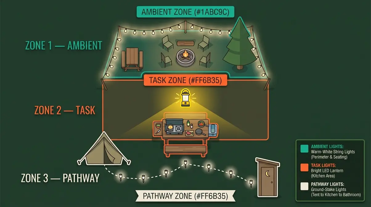 Campsite lighting zone diagram showing ambient task and pathway zones overhead view