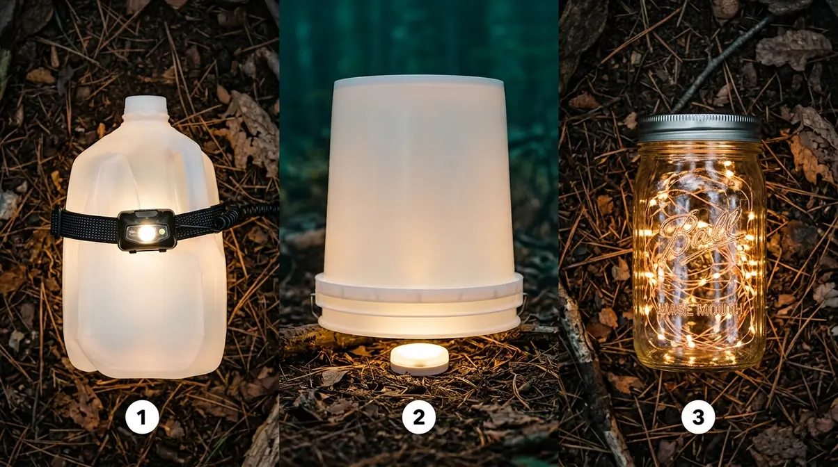 Three DIY campsite lighting hacks water jug lantern bucket light and mason jar fairy lights