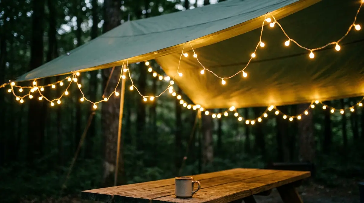 Fairy lights and string lights draped over a campsite tarp creating warm golden ambient glow
