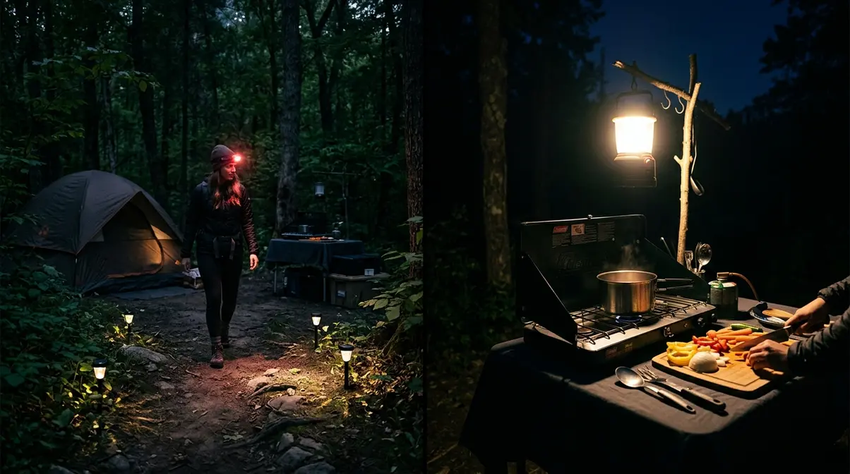 Functional campsite lighting showing red-mode headlamp navigation and bright kitchen lantern task light