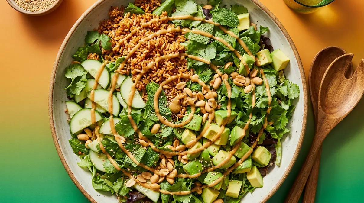 Finished crispy rice salad recipe with golden rice, cucumber, avocado, and sesame dressing in a large bowl