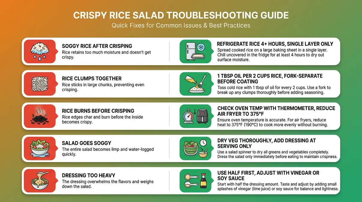 Troubleshooting infographic for 5 common crispy rice salad problems including soggy rice and heavy dressing fixes