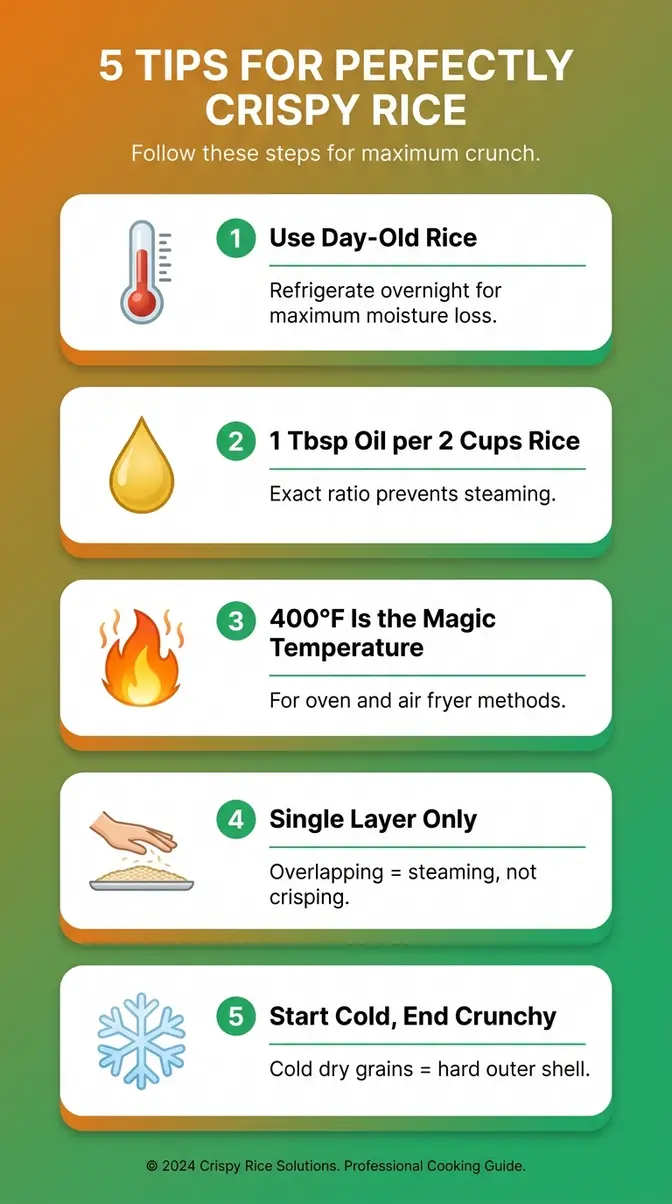 Infographic showing 5 tips for perfectly crispy rice including day-old rice, oil ratio, and temperature guide