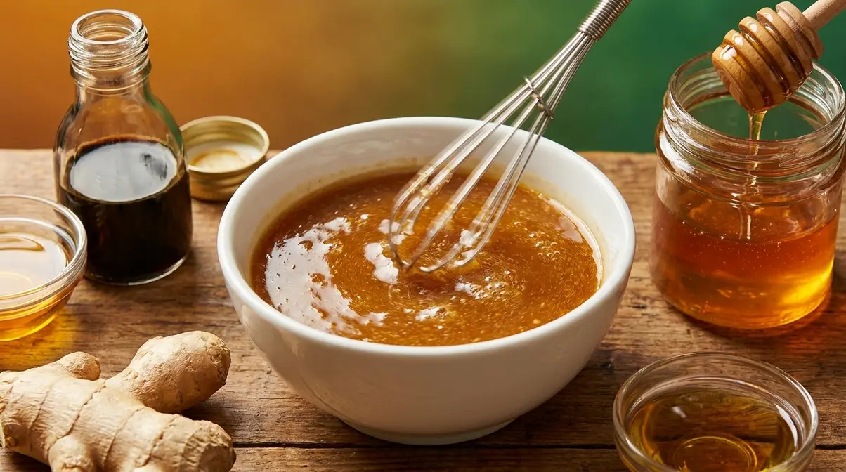 Ginger sesame dressing being whisked with soy sauce, sesame oil, and rice vinegar for crispy rice salad