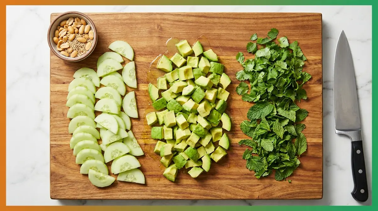 Freshly prepped cucumber, avocado, and herbs on cutting board for crispy rice cucumber salad recipe assembly