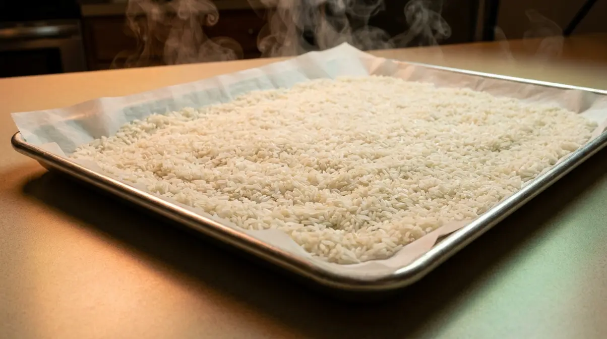 Cooked jasmine rice spread thin on a baking sheet to cool quickly for crispy rice salad recipe