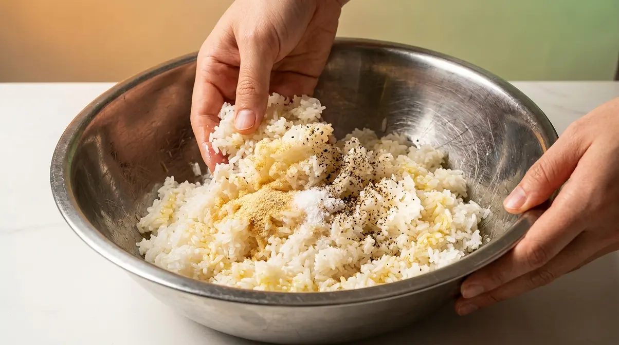 Cold jasmine rice being tossed with oil and garlic powder seasoning in a large bowl for crispy rice salad