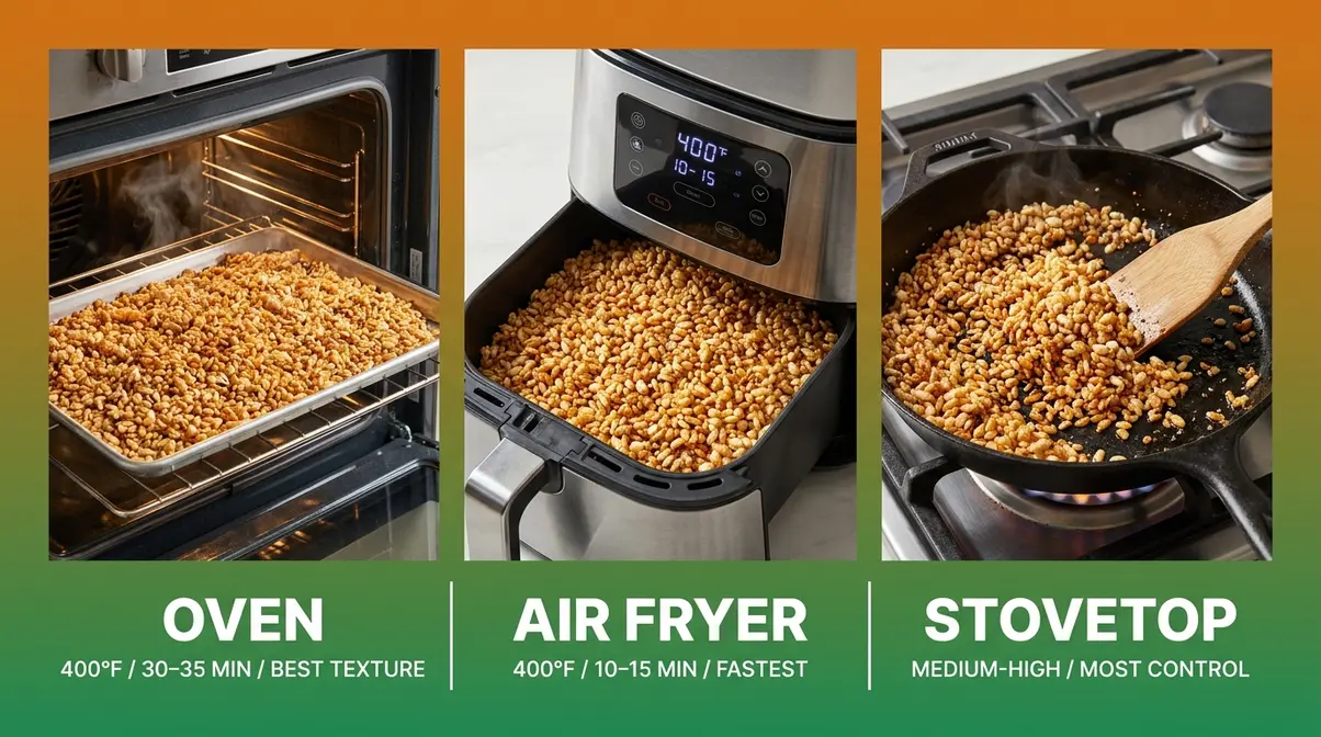Side-by-side comparison of crispy rice made in oven, stovetop pan, and air fryer for crispy rice salad recipe