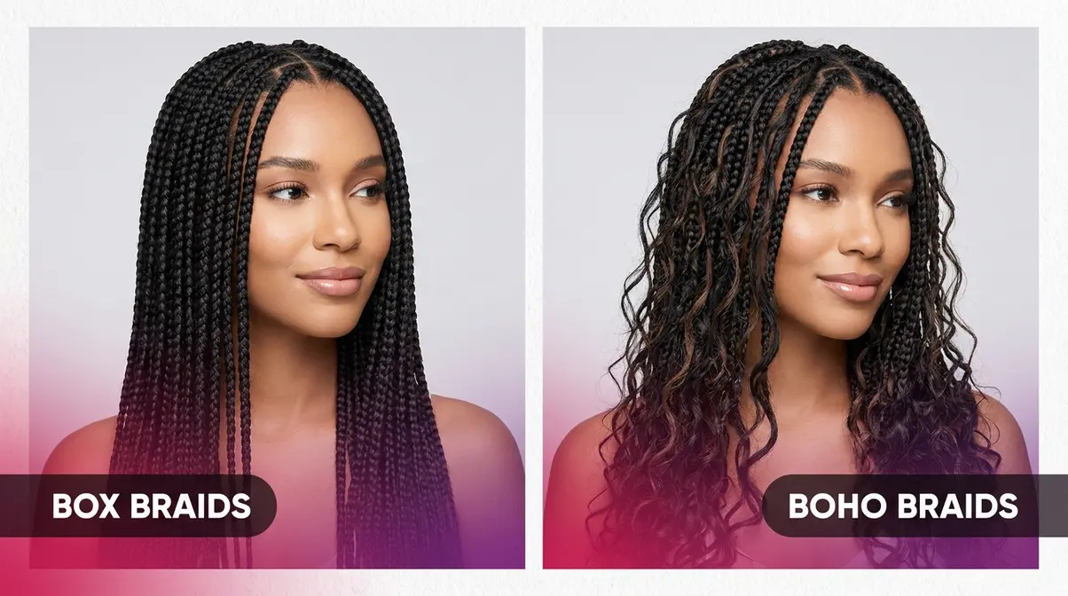 Box braids and boho braids crochet styles comparison showing classic versus free-spirited textures