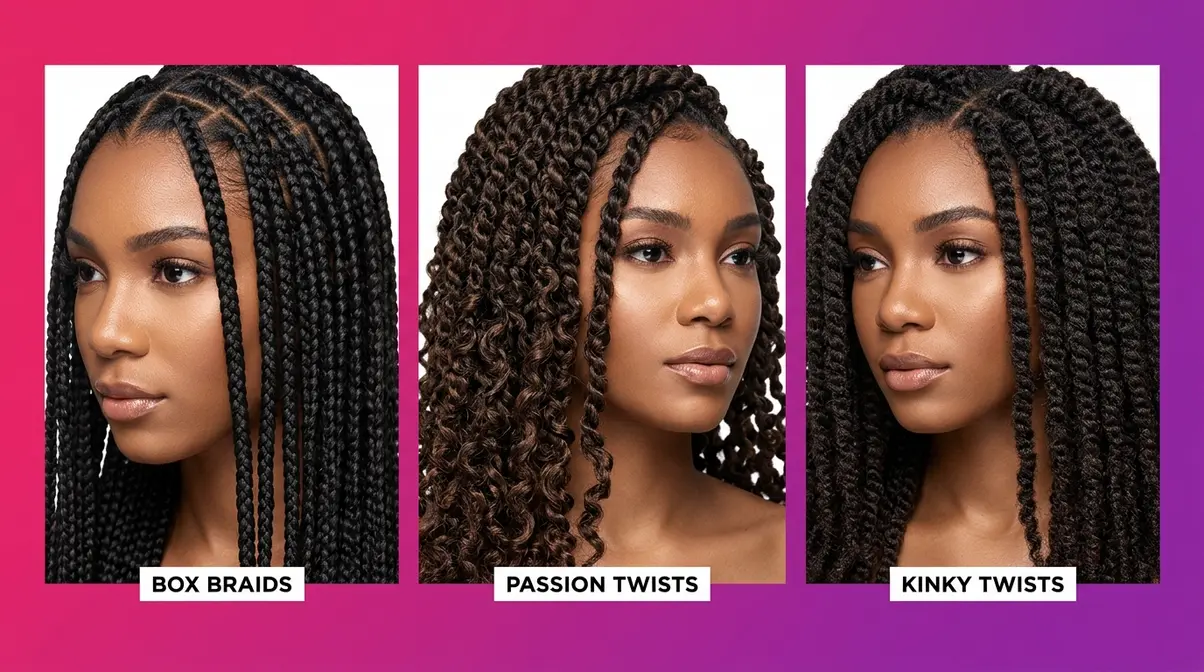 Crochet hair styles braid and twist options including box braids, passion twists, and kinky twists