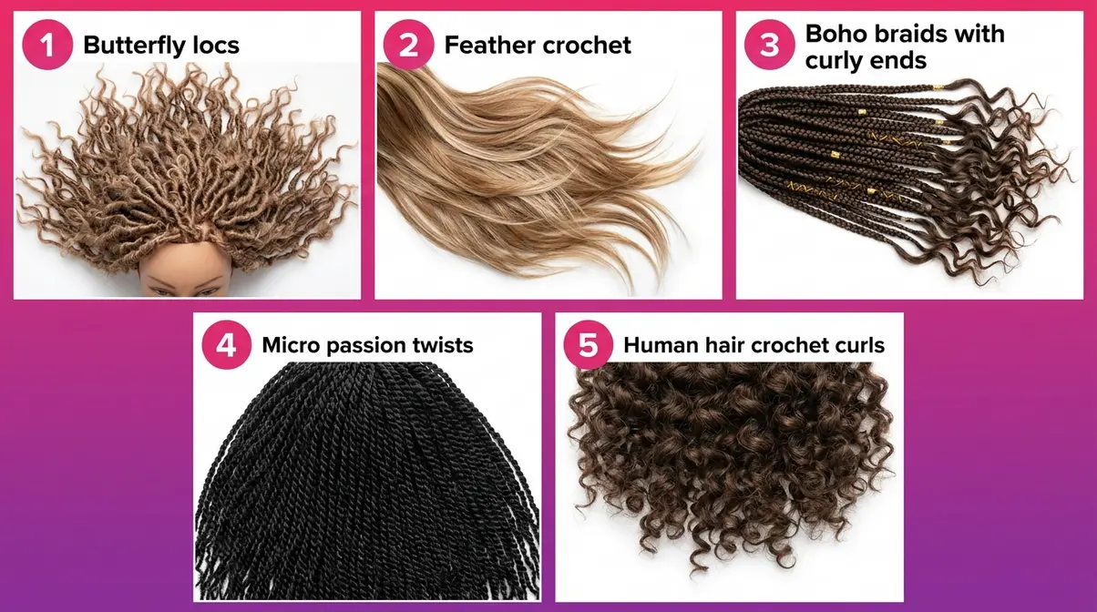 Five top crochet hair styles trends for 2026 including butterfly locs, feather crochet, and micro passion twists