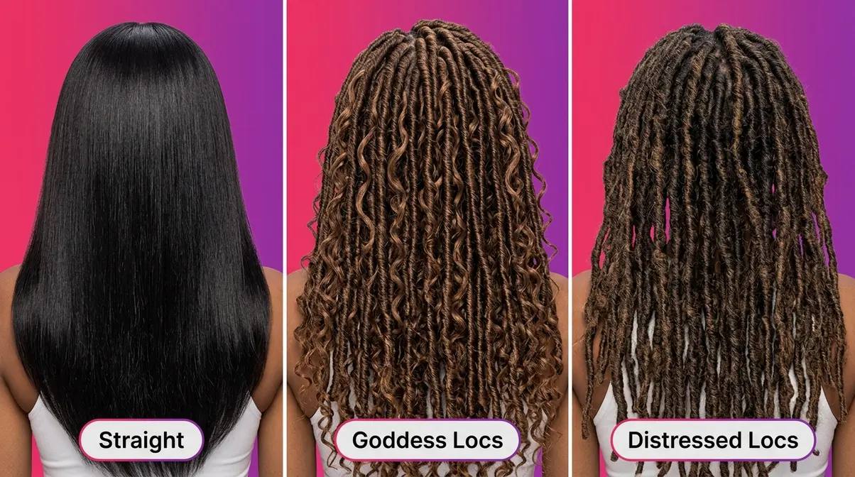 Crochet hair styles showing sleek straight texture, goddess faux locs, and distressed dreadlock styles