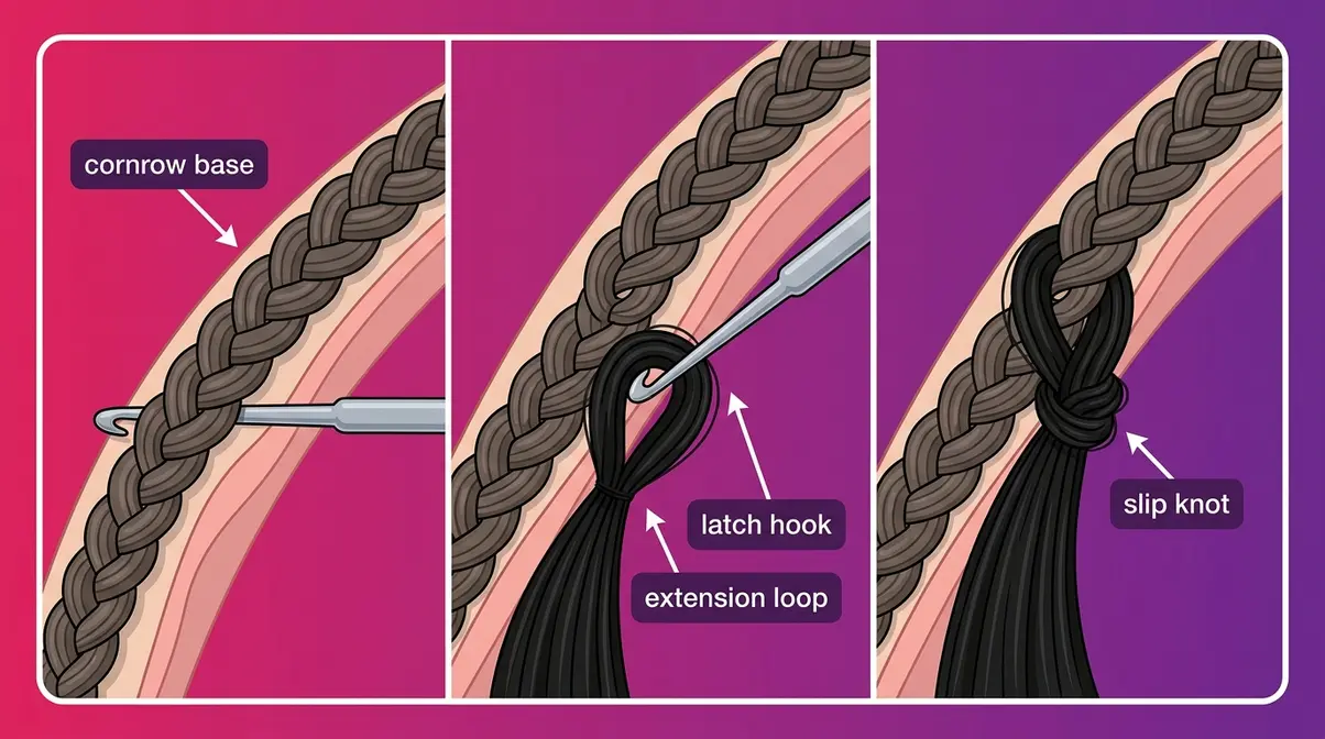 Step-by-step diagram of crochet hair styles latch hook installation method through cornrow base