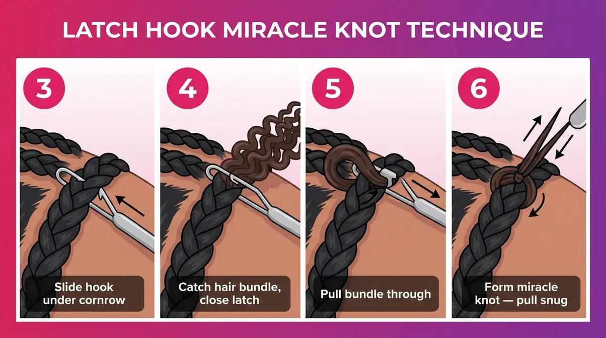 Latch hook crochet hair installation miracle knot technique diagram showing steps three through six
