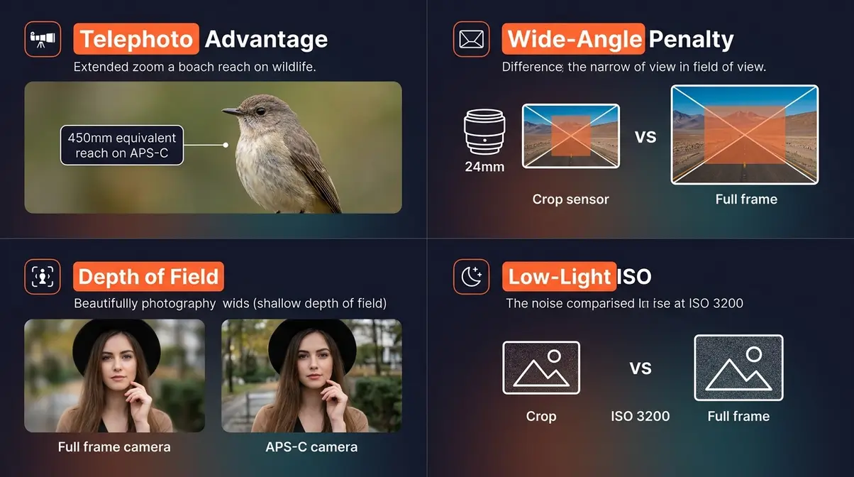 Four-panel infographic showing how crop factor affects telephoto reach, wide-angle field of view, depth of field, and low-light performance