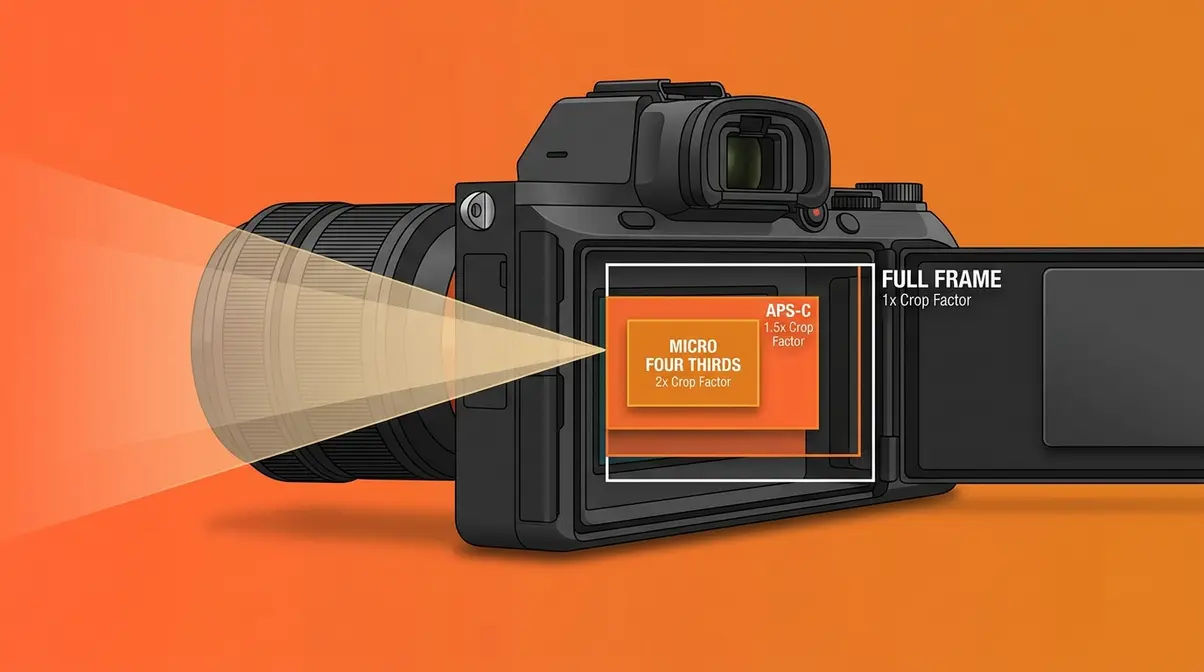 Educational illustration showing how different sensor sizes inside a camera capture different portions of the lens image circle