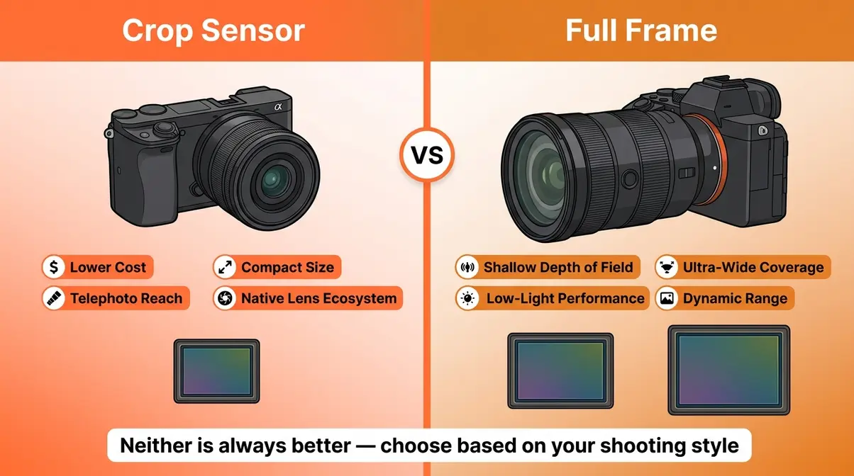 Crop sensor versus full frame camera comparison showing advantages of each system for different photography styles