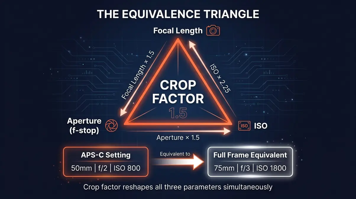 Diagram of The Equivalence Triangle showing how crop factor simultaneously affects focal length, aperture, and ISO on APS-C versus full frame