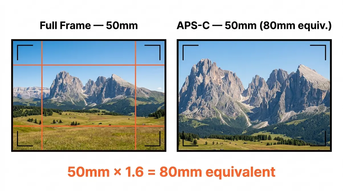 Side-by-side viewfinder comparison showing how a 50mm lens produces different fields of view on full frame versus APS-C crop sensor