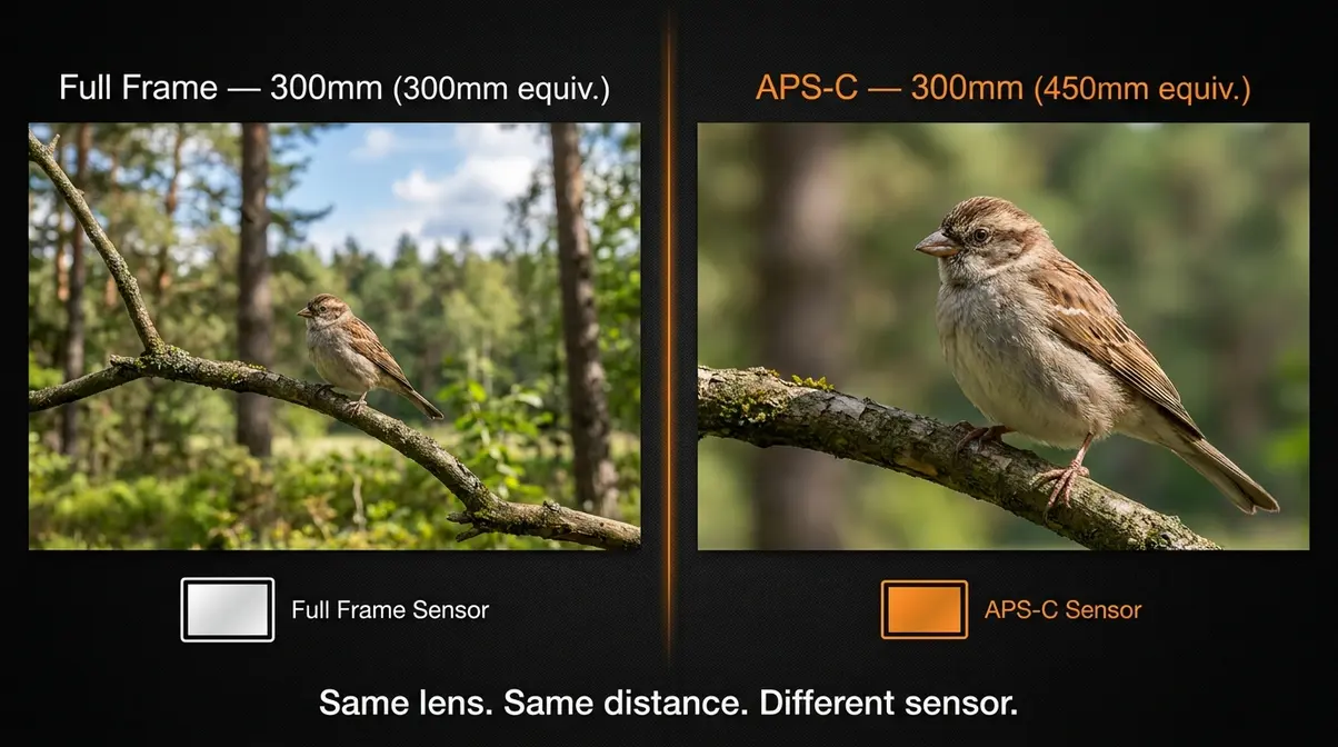 Side-by-side field of view comparison of a bird photographed with 300mm lens on full frame versus APS-C crop sensor camera