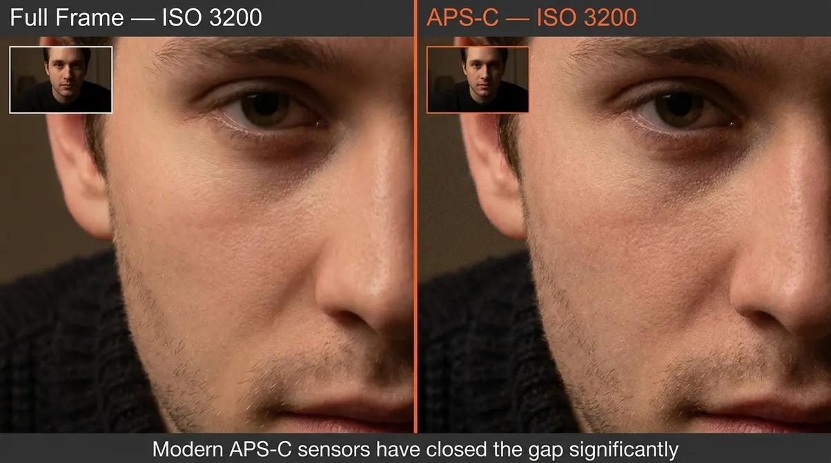 Side-by-side ISO 3200 image noise comparison between full-frame camera and APS-C crop sensor camera in low light